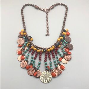 Colorful boho festival statement dangle coin copper necklace exotic tribal style